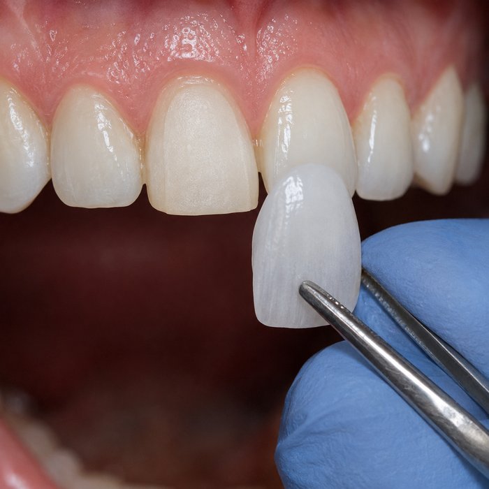 Veneer, das mit einem zahnärztlichen Instrument an die Vorderfläche eines Zahns angepasst wird